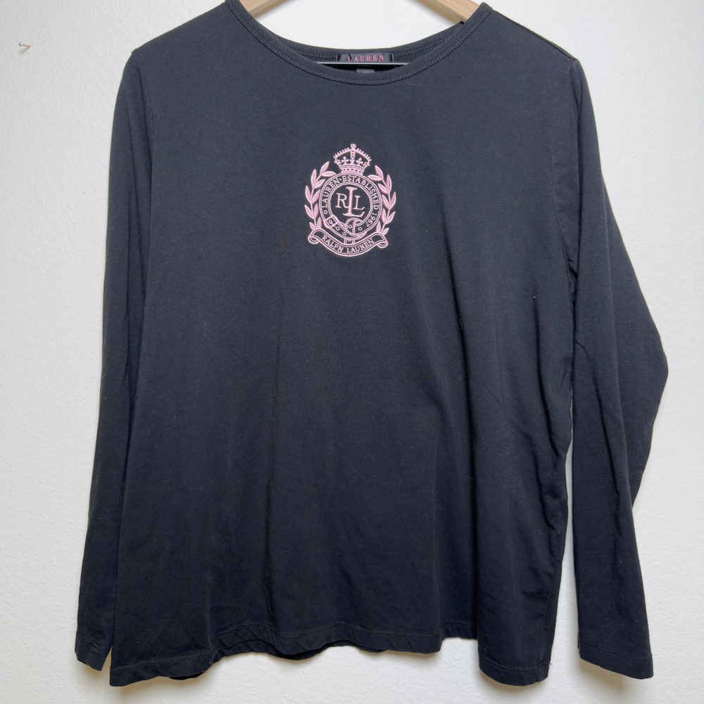 Lauren Ralph Lauren Women Shirt 2X Black Pink Embroidered Crown Emblem Preppy